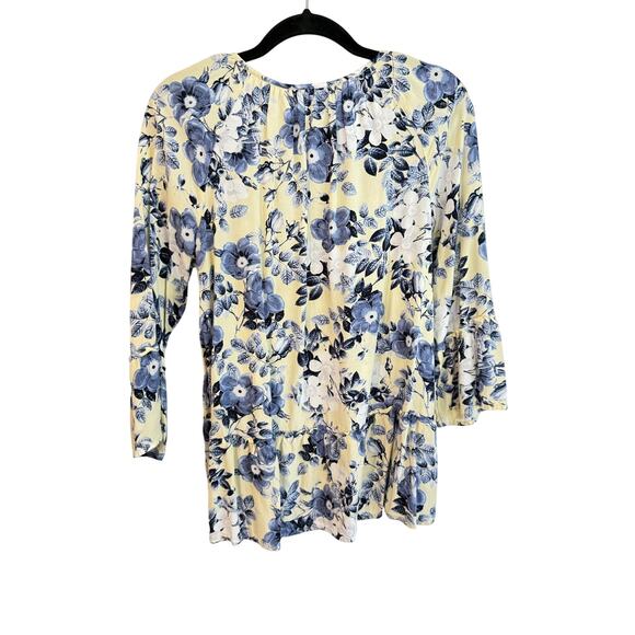 J Jill Women Petite Small Blouse Blue Cream Peasant Cottage Top Drop Waist Boho - Picture 2 of 5